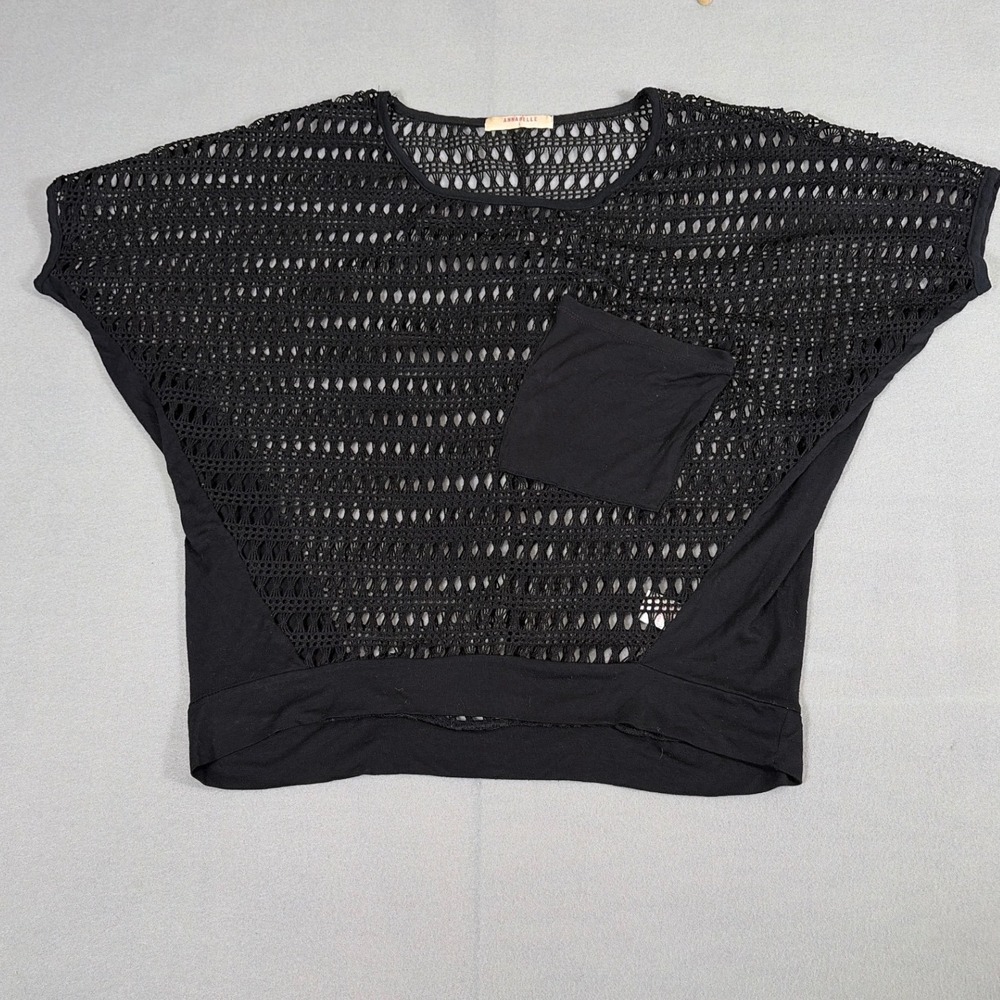 Annabelle Black Crochet Knit Short Sleeve Pocket Top Blouse ANT4386 Large